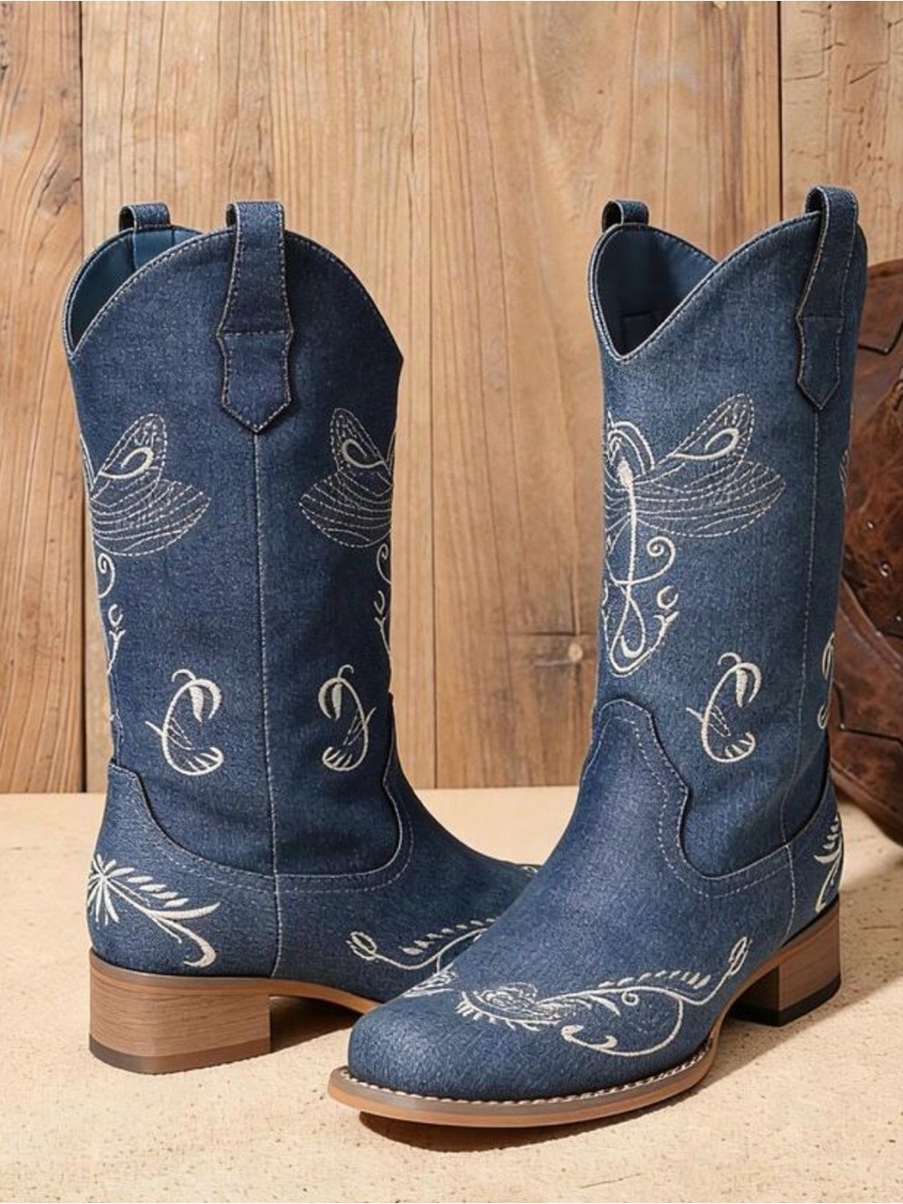 Women's Western Embroidered Denim Cowboy Boots Mid Calf Square Toe sz 7 NewInBox